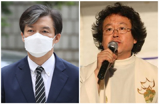 조국(왼쪽) 전 법무부 장관과 정의구현사제단 김인국 신부. <연합뉴스>